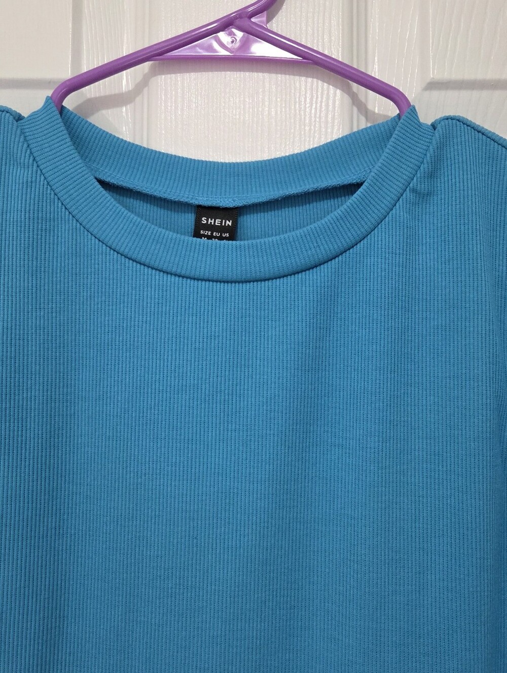 Women Aqua Blue Ribbed Crewneck Ruffle Sleeve Top Size Medium Summer Spring - Picture 2 of 7